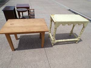 lot 17 image: 2- Wood Tables, Yellow Tint DeskTable, About  34x18x29, Brown Wood Table, About 31x24x24