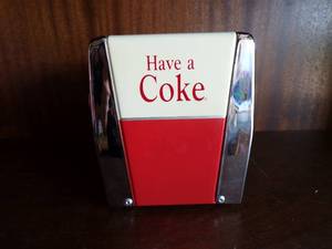 lot 42 image: 1994 Coca Cola Napkin Dispenser, Double Sided, Few Original Napkins, About 4x4.75x5.5
