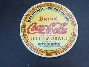 lot 52 image: 12 Round Drink Coca Cola Keg Label Tin Wall Sign