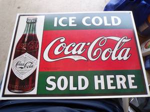 lot 66 image: 1993 Ice Cold Coca Cola Sold Here Tin Sign, About 16x11