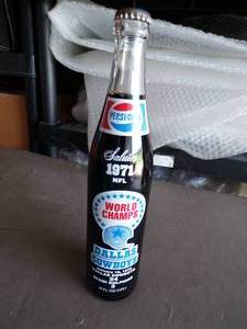 lot 84 image: 1- 16 oz. Pepsi Cola Bottle, Commemorative Dallas Cowboys World Champs, Bottle is Full