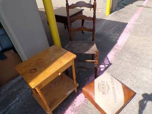lot 81 image: Vintage Wicker Bottom Chair, Stool and Hall Table