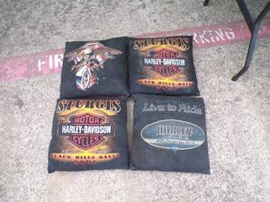 lot 142 image: 4- Vintage Hartley Davidson Pillows, Needs Cleaned, About  14 x 14