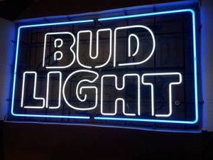 lot 3 image: Large BUD LIGHT Beer Neon Beer Sign, WORKING, Frame is about 50 -wide x 28 - High. Unused, In Original Inter Box