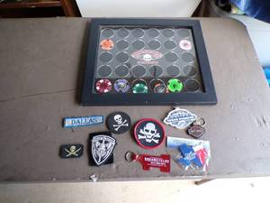 lot 153 image: Lot of Motorcycle Patches AND Harley Davidson Chip Collection Display Case