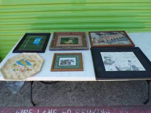 lot 173 image: Lot of 6 Mixed Wall Art Pieces Including Tapestry, Modern Art and Pencil Art