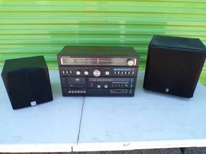 lot 188 image: Vintage Sound Sign AM-FM Stereo ReceiverCassette Recorder8 Track Player With 2 Speakers, 1-Creative and 1-Yamaha, No Power Cord, Untested