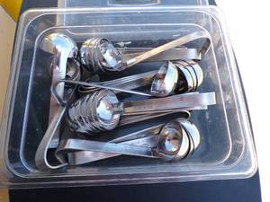 lot 203 image: Lot of 18 Vollrath Heavy Metal 2oz Ladles in Plastic Storage Tub