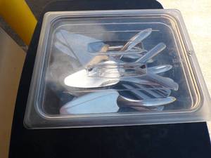 lot 205 image: Lot of 12 Heavy Metal Dessert Servers in Plastic Storage Tub, 2 Styles