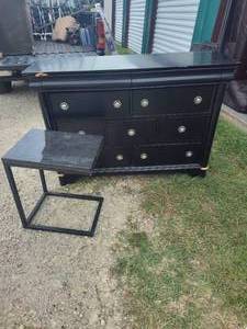 lot 106 image: small but heavy marble top table and dresser with 7 drawers see pics the dresser has some cosmetic damage