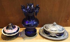 lot 16 image: Vintage silver plate and cobalt blue glass oval dish, American, circa 1950s.and Cobalt Blue vase and more see pictures