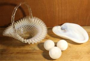 lot 23 image: Fenton hobnail basket clear and white vintage Blenk free from milk glass amoeba trinket candy dish and more see pic.