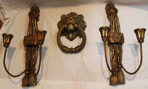 lot 24 image: antique style brass door knocker lion  2 hanging candle holders with lion on them
