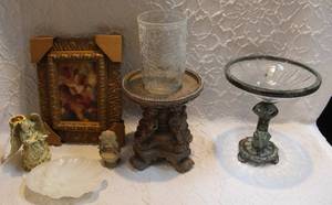 lot 31 image: brass cherub angel pedestal bowl antique vintage Avon cherub angel cupid white milk glass shell soap trinket dish and much more see pics