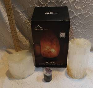 lot 57 image: natural Himalayan salt lamp and 2 Selenite Crystal Candle Holder, Natural Healing Stone and amethyst