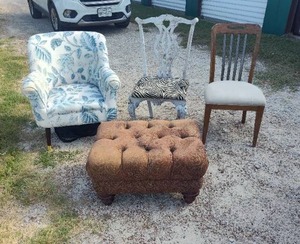 lot 91 image: mixed lot of chairs and a ottoman the one chair with the zebra pattern is just setting on chair needs to be fixed