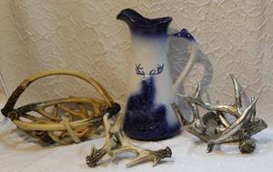 lot 72 image: deer horn basket and more deer horn decor and a pitcher with a deer one it see pics