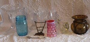 lot 80 image: vintage Fenton cranberry reverse coin dot glass creamer  vintage Avon glass squirrel candle holder  candle holders and vases and more see pics