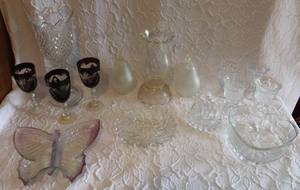 lot 82 image: butterfly candy dish clear with a hint of pink  2-frosted clear art glass pears  clear heart shaped bowel classes and vases and more see pics