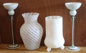 lot 123 image: clear glass with white swirls vase and to tall candle holders and heavy fills like marble vase