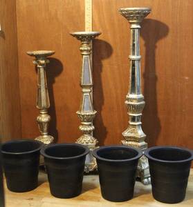 lot 131 image: decorative candle holders with mirrors and 4 smaller hard plastic pots