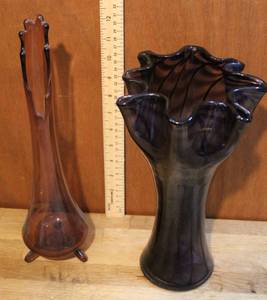 lot 144 image: Murano Ruffled Purple and Black Vase  Swung Purple Hand-Blown Glass Vase