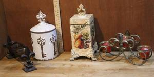 lot 148 image: Fleur De Lis cookie jar and Fleur De Lis candle holders and more see pics