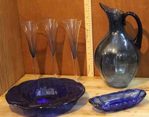 lot 149 image: mixed cobalt blue glass lot plate,butterdish,pitcher and more see pics