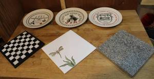lot 151 image: Three collector plates and 3 different size tiles one with dragonfly on it one black and white checkers and more see pictures