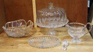 lot 152 image: mixed lot of crystal and glass like cake tray with lid and leaf shaped bowel and mor see pics