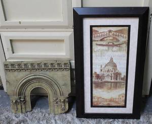 lot 163 image: Bullseye Design Grand Canal Framed Picture 27.5 L x 15.5 W and Roman Greek wall archway architectural fragment sculpture  16x 14 12