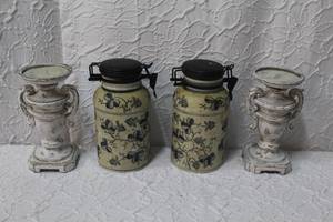lot 180 image: decorative ceramic jar or canister with a lid and clasp closure,  and 2 candle holders
