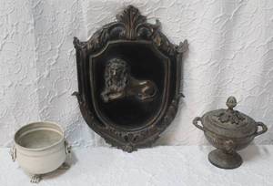lot 190 image: Decorative plaque with a raised lion on it and vintage brass or metal lidded pedestal bowl and more see pictures