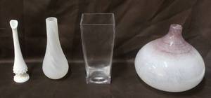 lot 195 image: large, heavy glass vase with a distinctive swirl pattern in purple and white, creating an abstract design. And more see pictures