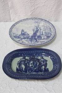 lot 213 image: Delft Blue Delfts Blauw Wall Plate De Winter Windmill Farm Scene  11.5 and Mid 20th Century Flow Blue Victoria Ware Ironstone Serving Platter