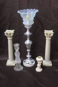 lot 228 image: Vintage 9.5 Avon Glass Opalique Candlestick  Charisma Cologne Bottle (Empty) and a luminaire and candle holders