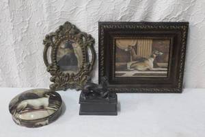 lot 237 image: 7-inch covered ceramic dish featuring an artwork of sighthounds and pictures and more see pictures