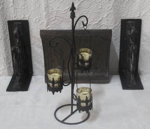 lot 251 image: Wall shelf and 2 shelf brackets and a candle holder