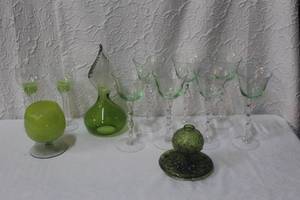 lot 242 image: Hand blown glass decor wine glasses with hints of green and more see pictures
