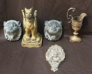 lot 259 image: Lion statue and vases lion door knocker and lion head hangers