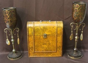 lot 260 image: Wine bottle holder box and 2 candle holders