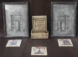lot 261 image: framed picture and decorations and 3 coasters