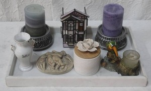 lot 288 image: Marble tray with candles and candle holders and glass Staind  house candle holder and much more see pictures