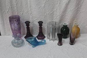 lot 291 image: Hard To Find Blue Vintage Summit Art Glass Sawtooth Rim Blue Dolphin  Dish and a mix of vases and candle holders and more