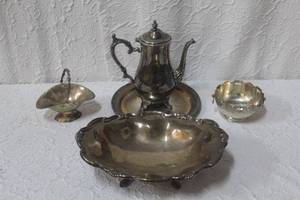lot 295 image: vintage silver-plated tea pot, and tray and Holiday Imports Tarnish Protected Silver Plated Metal Bowl Basket with Handle and silverplate large footed bowl and more see pictures