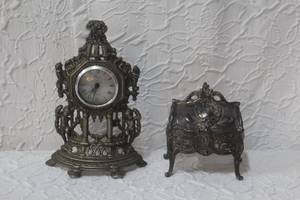 lot 296 image: Antique French Art Nouveau pewter Jewelry Casket Trinket Box and clock