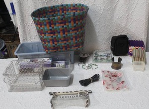 lot 339 image: Mix lot of baskets zipper bags jewelry making beads cedar and lavender drawer savers and much more