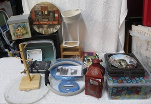 lot 345 image: Mixed Lot of things lantern collectible plates DVD player hanger rack totes and much more see pictures