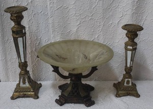 lot 355 image: Glass bowl with pedestal and candle holders with mirrors on them