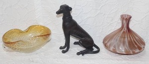 lot 357 image: Vintage Murano Amber Hand Blown Bullicante Glass Oval Dish and vase and Grey Hound Statue Art Deco Whippet Sitting Dog Figurine